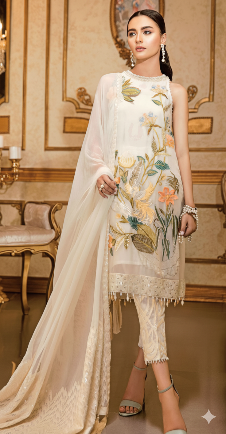 3-Piece Dhanak suit with chiffon embroidered AB