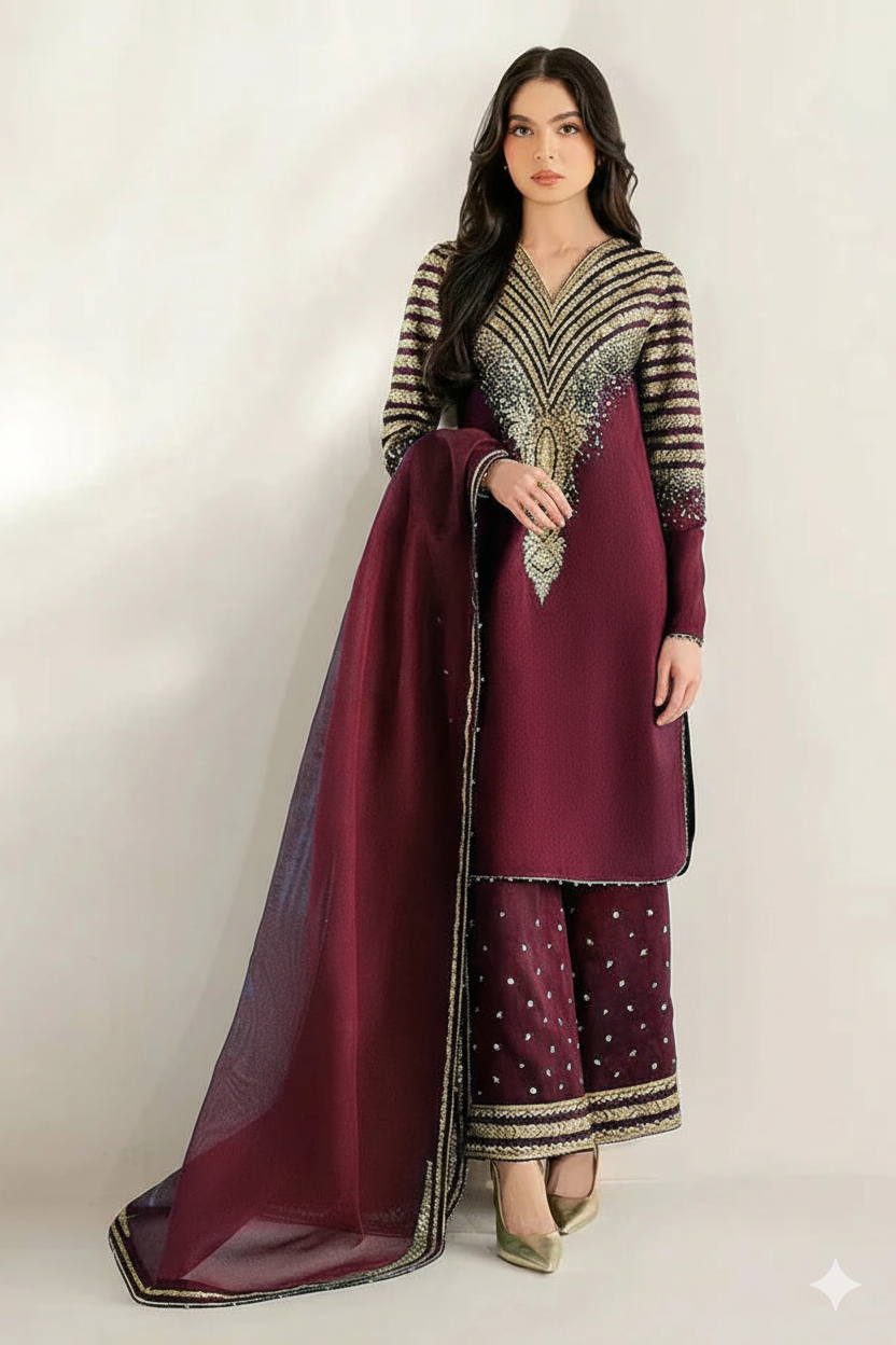 Jazmin’s  Premium Embroidered Dhanak  3-piece suit Winter Collection AB