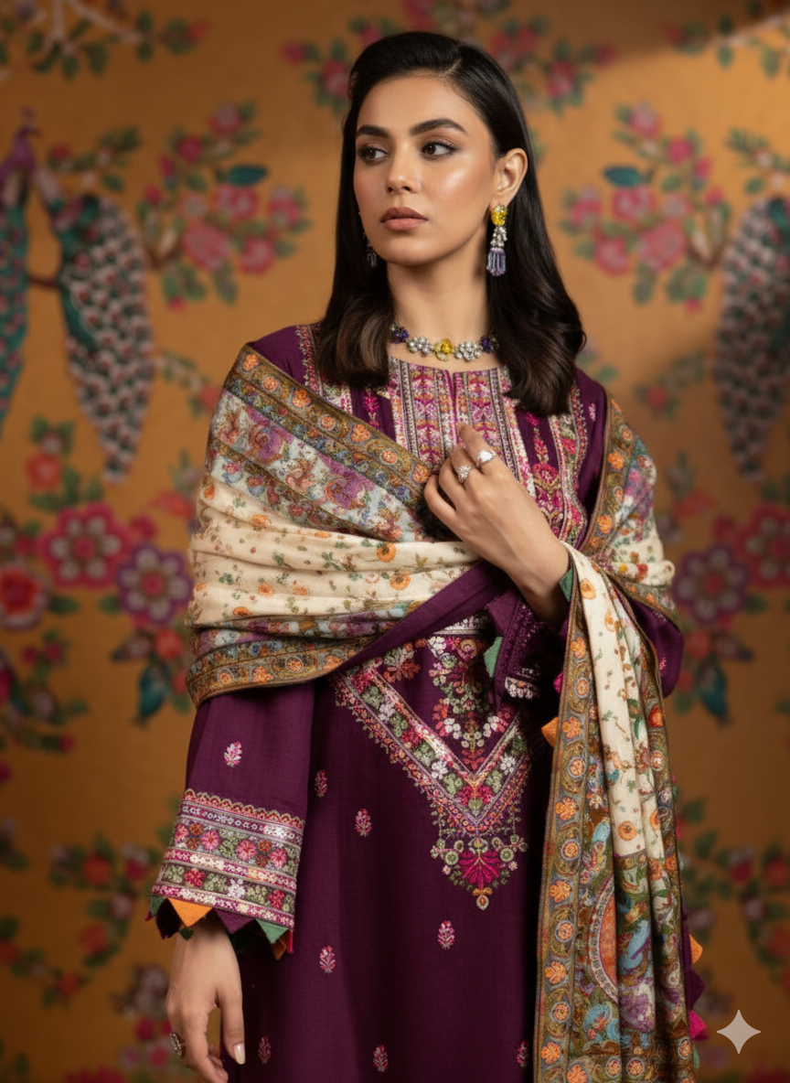 Faiza Faisal 3PC Winter 2025 Collection Embroidered Dhanak Suit Premium Quality AB