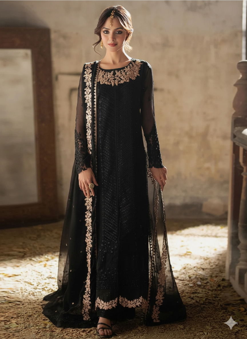 Luxury Sequins Embroidered Chiffon Dress – Unstitched 3PC AB