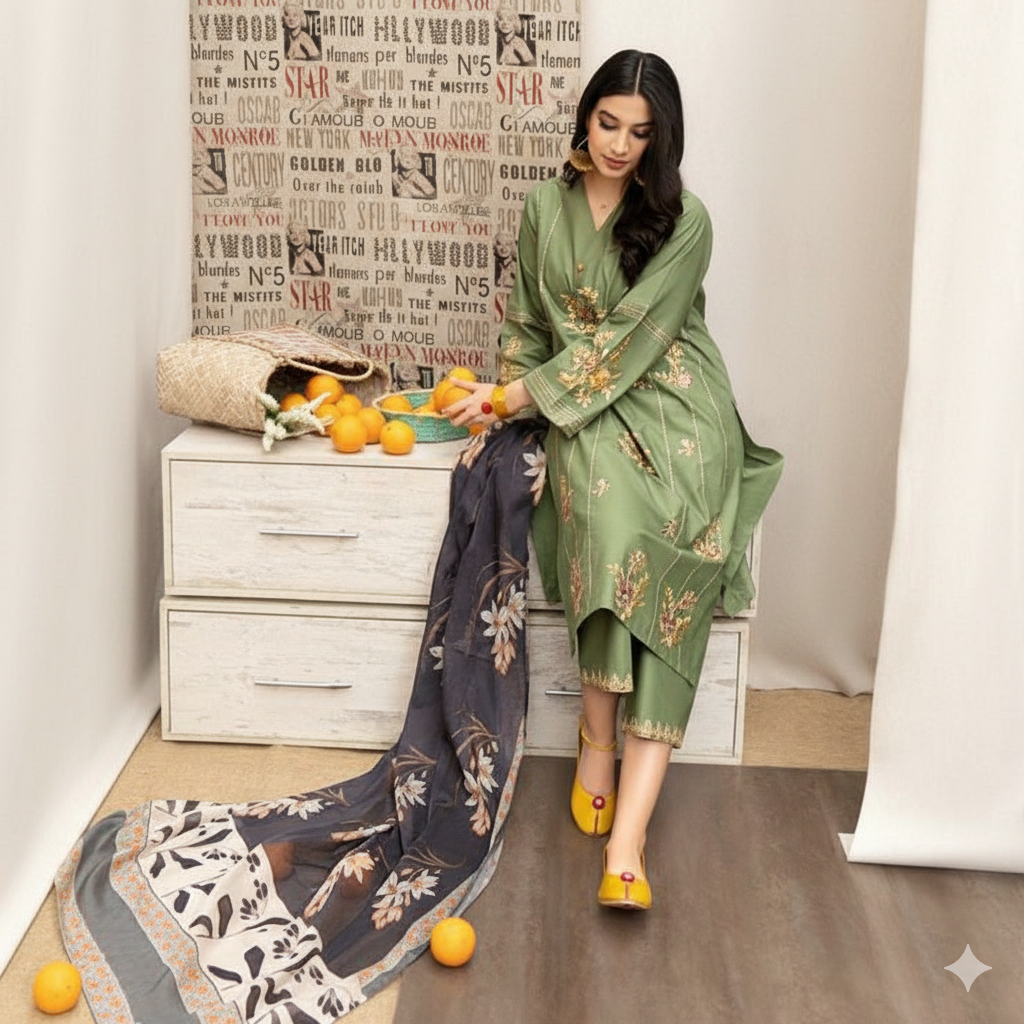 Embroidered Dhanak 3- Unstitched Piece Suit – Green
