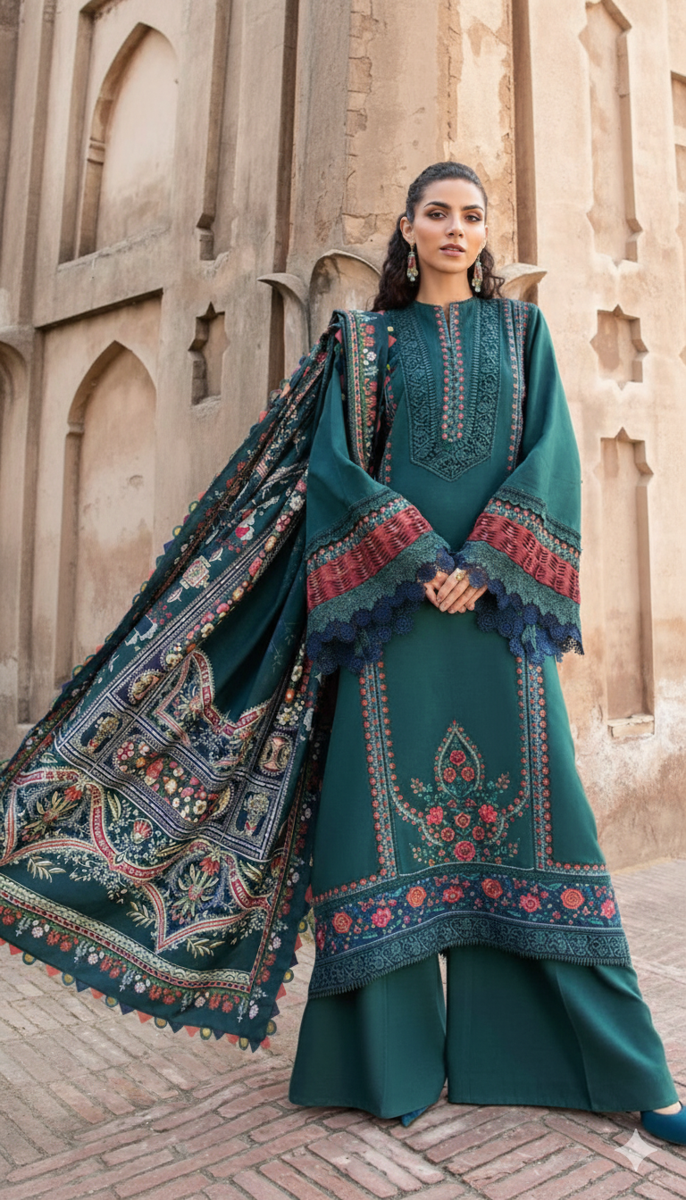 Maria B Winter 2025 Hot Collection premium Dhanak  3-piece embroidered suit AB
