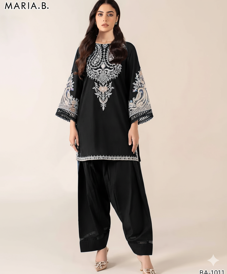 Stylish Embroidered Dhanak Suit Set - 2 Pcs in Black
