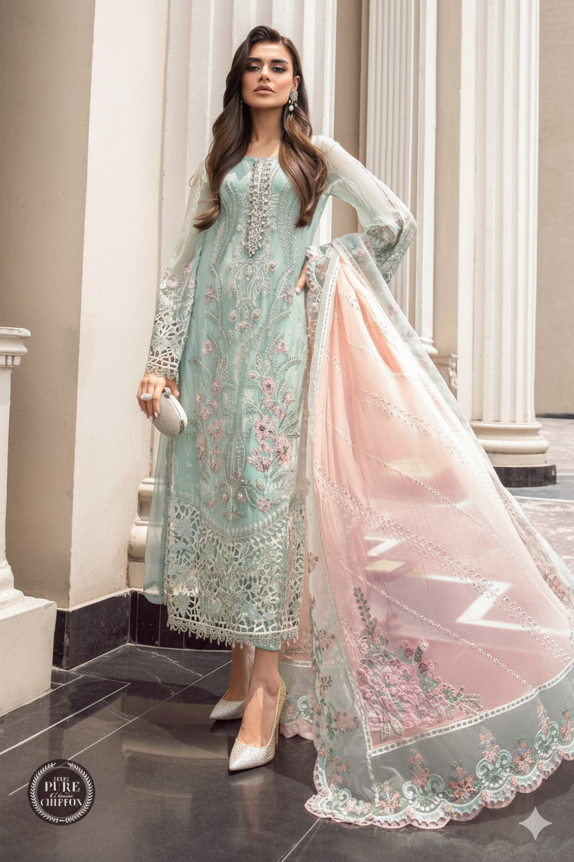 Luxury Chiffon Embroidered – Unstitched 3-Piece Suit Hand Embellished Masterpiece FBL