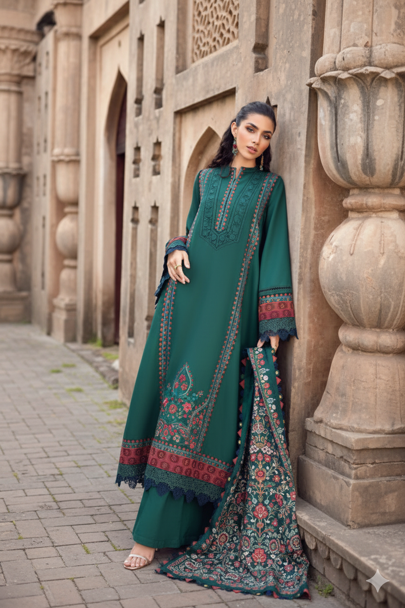 Maria B Winter 2025 Hot Collection premium Dhanak  3-piece embroidered suit AB