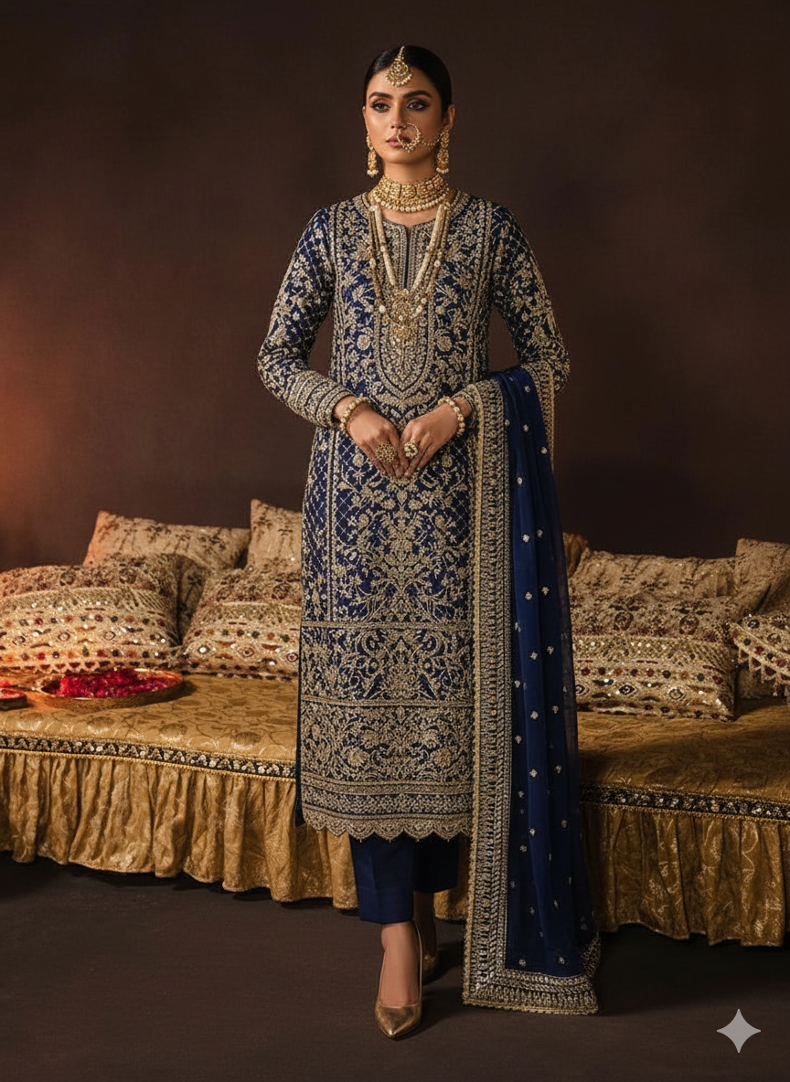 JAZMIN Velvet Embroidered Copper Zari Work Luxury Unstitched 3-Piece MR