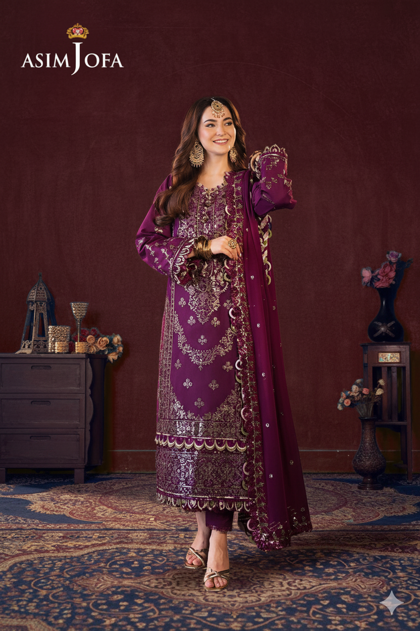 Asim Jofa Chiffon Embroidered Sequence Luxury-3-Piece Unstitched Suit MR