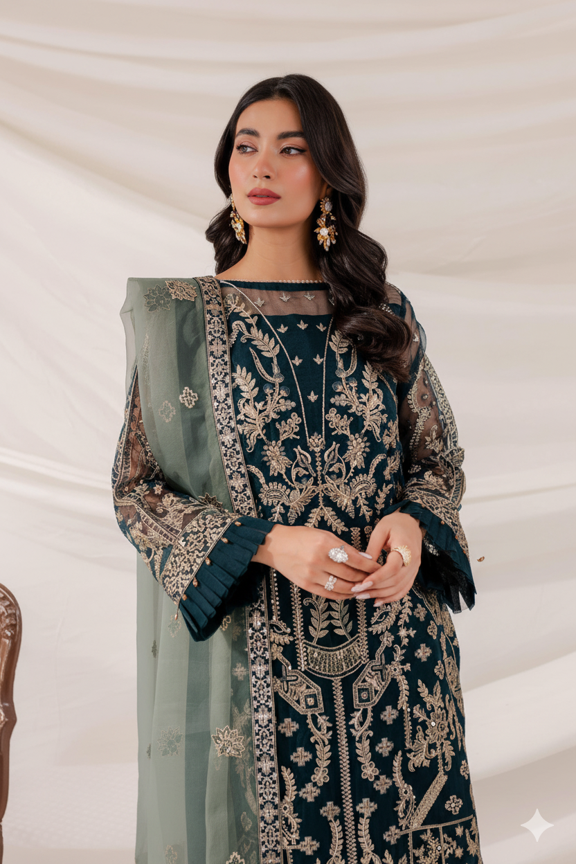 FARASHA Embroidered Organza Luxury Unstitched 3PC Suit AB