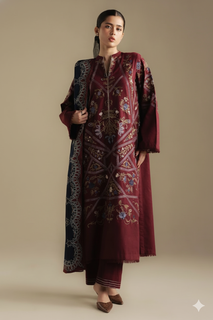 Premium Airjet Dhanak  Heavily Embroidered 3 Pcs Unstitched Suite AB
