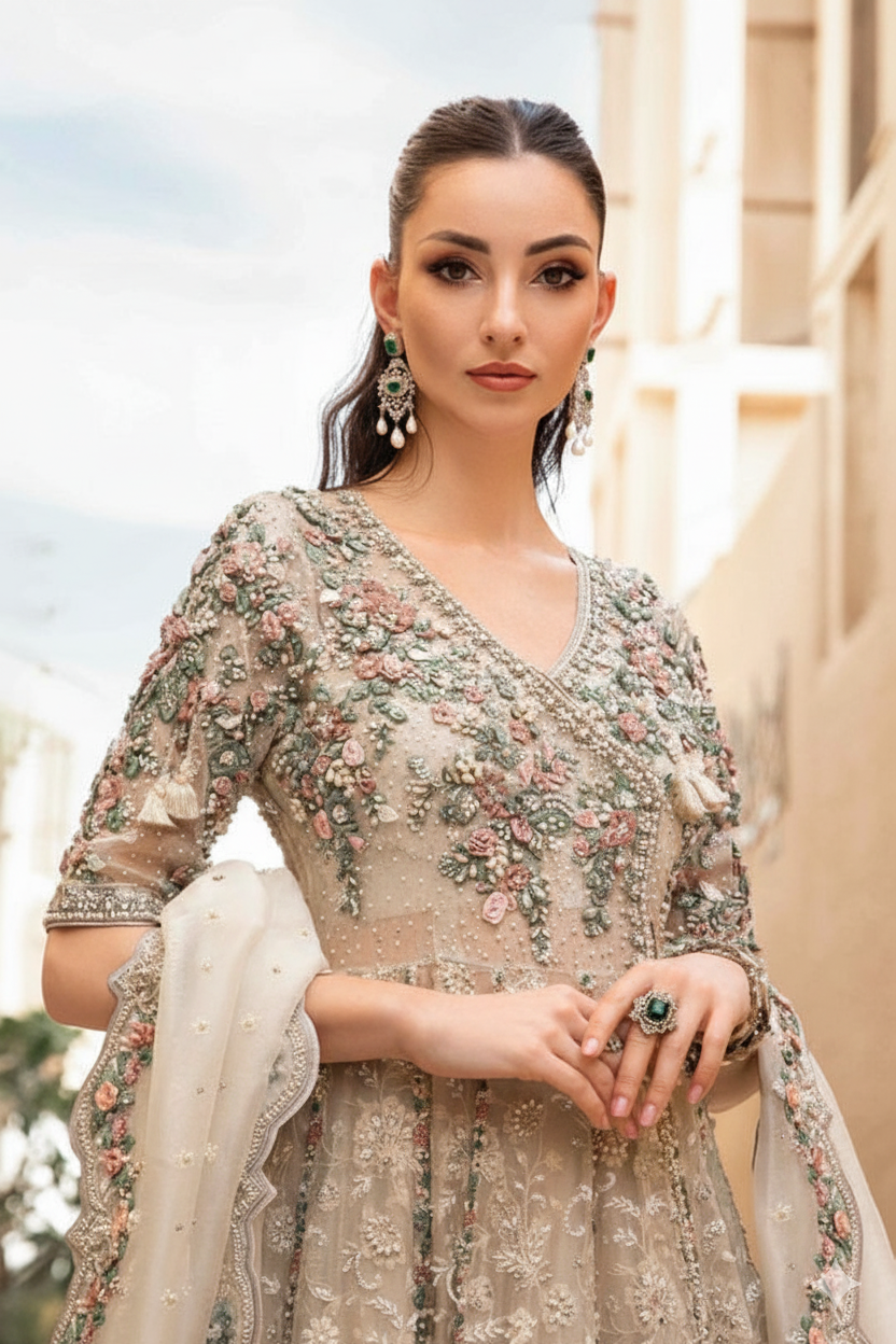 ✨  MARIA.B Unstitched Replica ✨  Luxury Organza Embroidered Maxi Dress – 3PC Set FBL