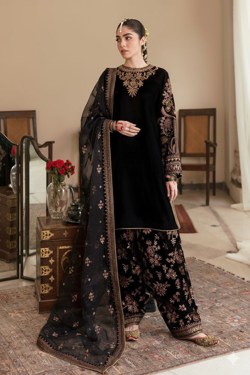 Baroque Velvet Embroidered Hand-Embellished Luxury Unstitched 3-Piece Suit MR
