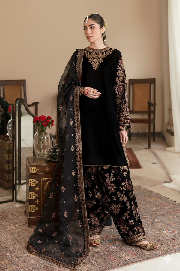 Baroque Velvet Embroidered Hand-Embellished Luxury Unstitched 3-Piece Suit MR