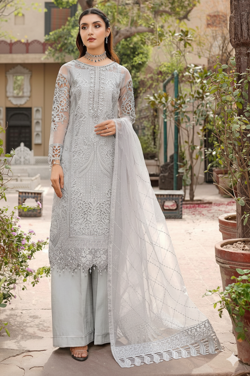 MARYAM’S Organza Embroidered Hand-Embellished Luxury Unstitched 3-Piece Suit MR