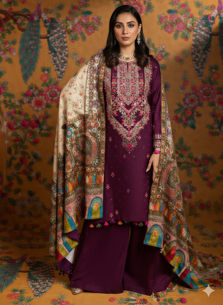 Faiza Faisal 3PC Winter 2025 Collection Embroidered Dhanak Suit Premium Quality AB
