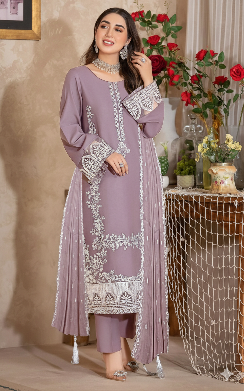 ZARQASH Features Premium Embroidered Dhanak  Elegant 3-Piece Suit AB