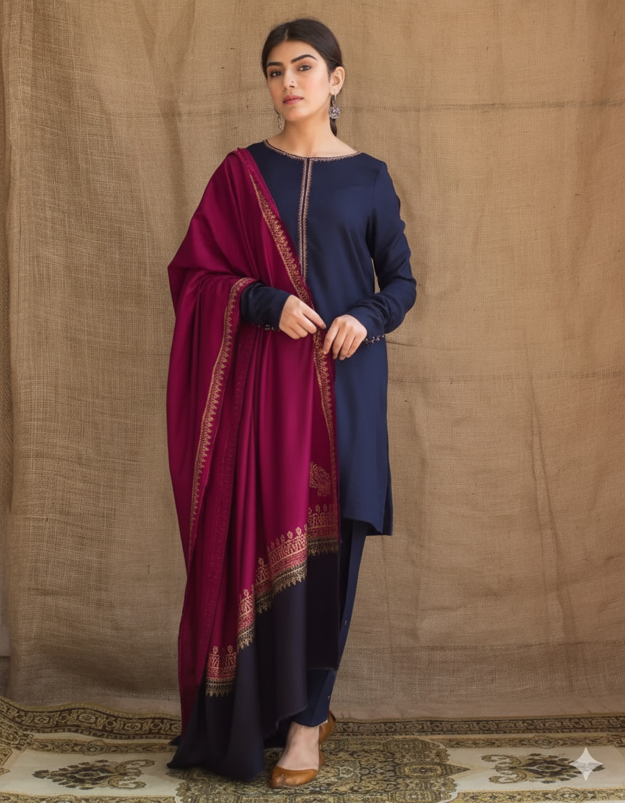 Embroidered Dhanak 3-Piece Suit – Blue 