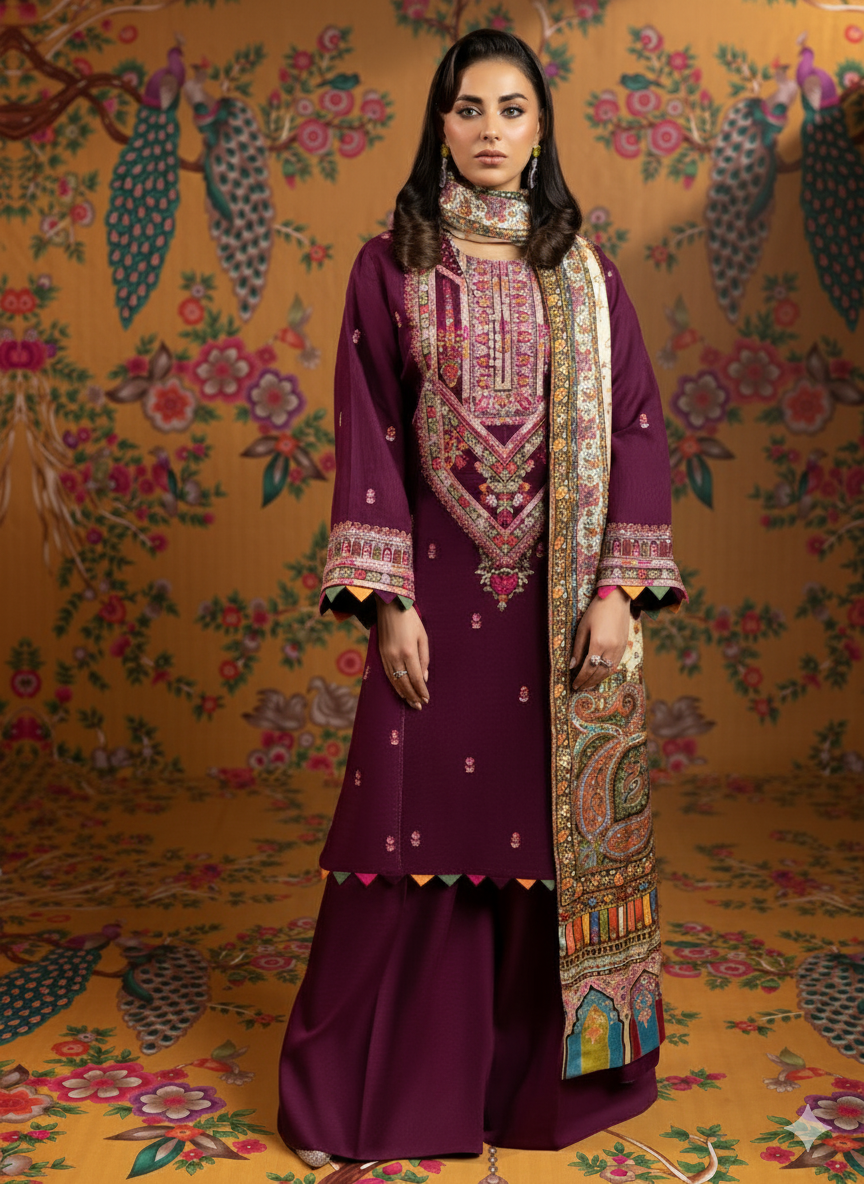 Faiza Faisal 3PC Winter 2025 Collection Embroidered Dhanak Suit Premium Quality AB