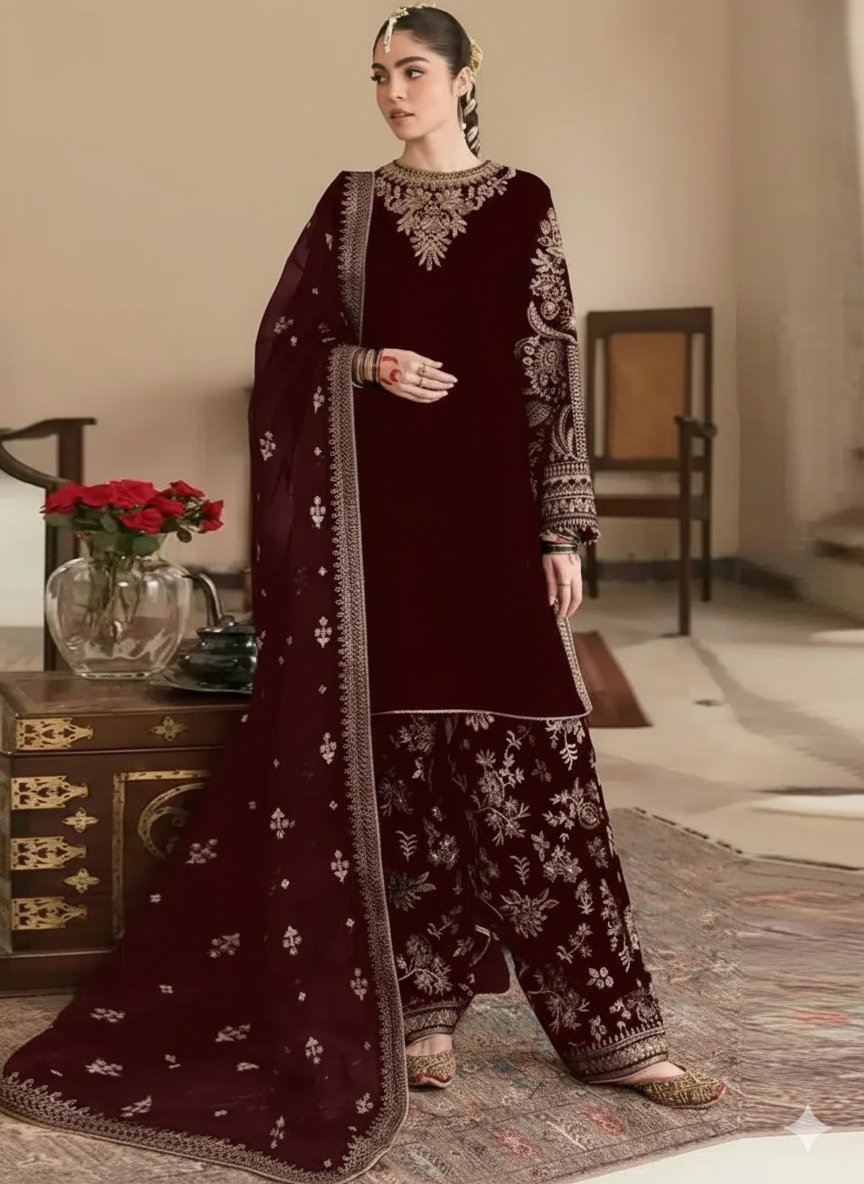 Baroque Velvet Embroidered Hand-Embellished Luxury Unstitched 3-Piece Suit MR