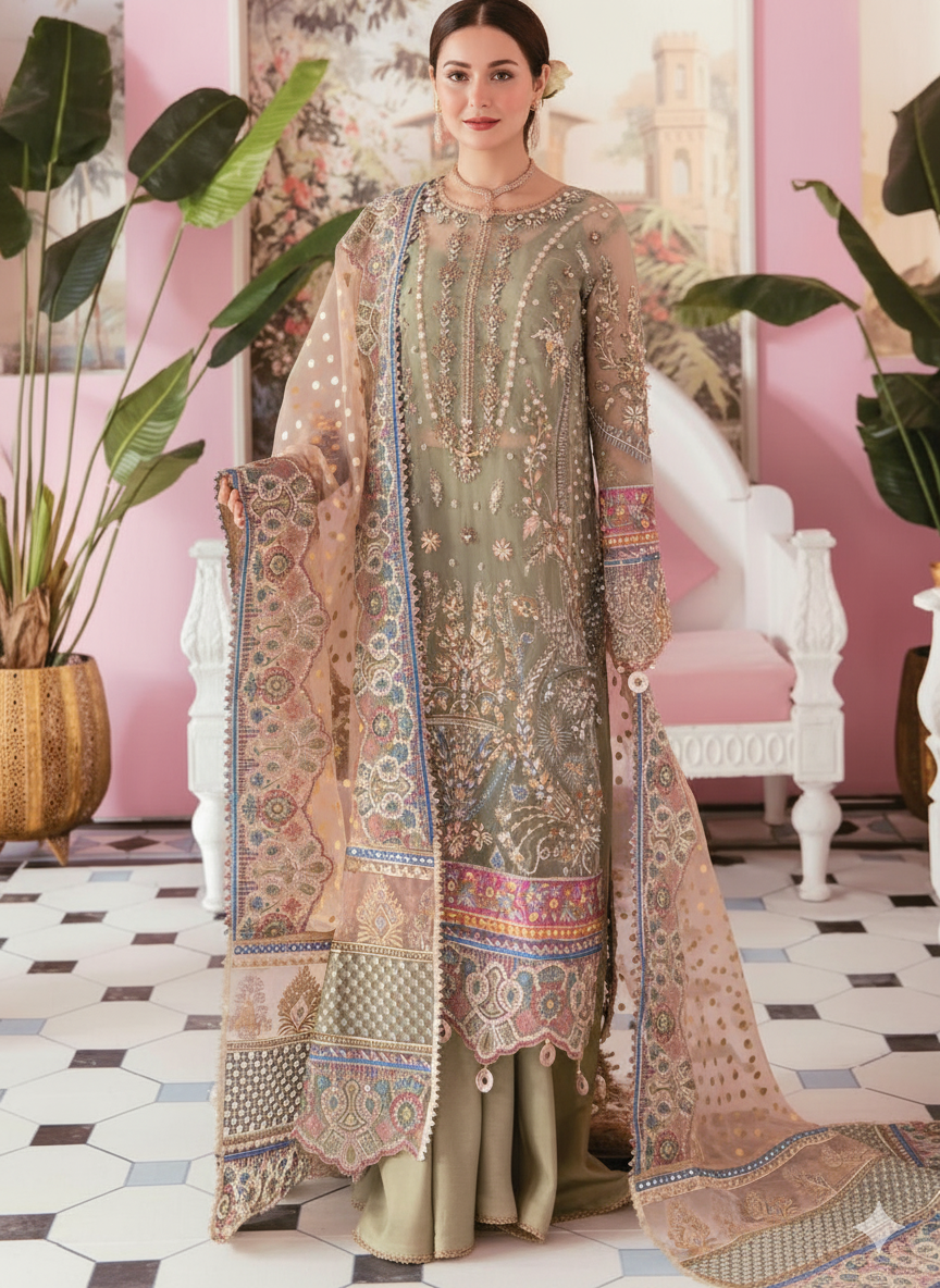ELAF Luxury Organza Embroidered Sequin Unstitched 3PC Suit MR