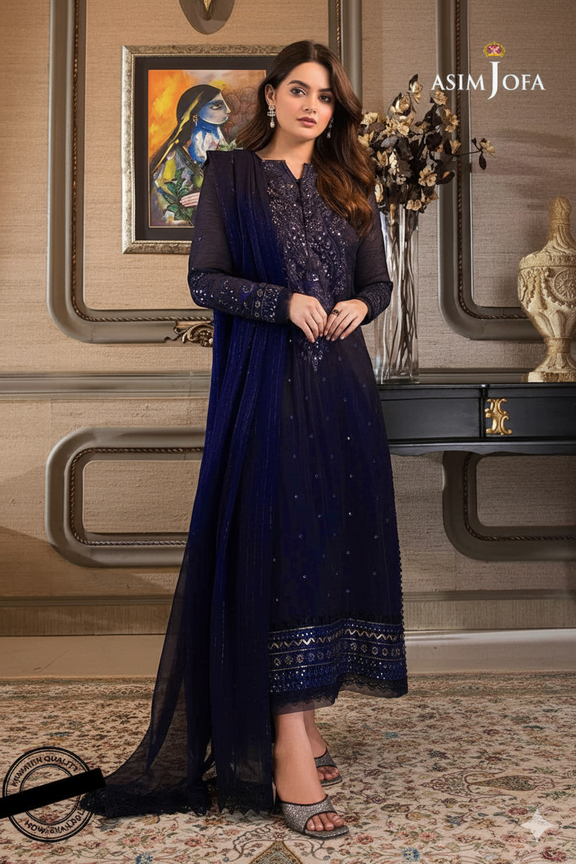 Asim Jofa Chiffon Embroidered Sequence -3-Piece Unstitched Suit  MR