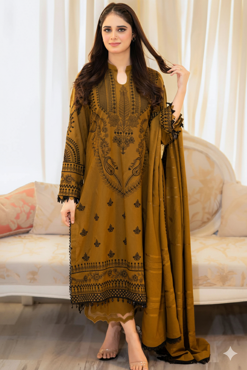 LIBAAS Most Demanding Edition – 3PC Unstitched Embroidered Dhank Suit AB