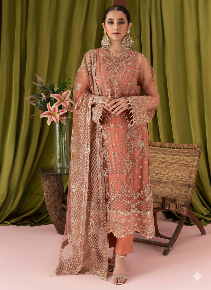 AIK ATELIER Net Embroidered Moti Work Luxury Unstitched 3-Piece MR