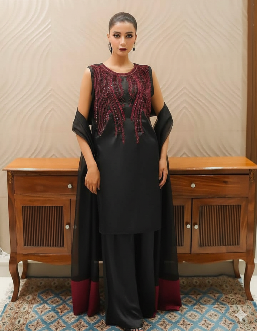 Party Wear Organza Handworked Embroidered Unstitched 3PC Suit MR