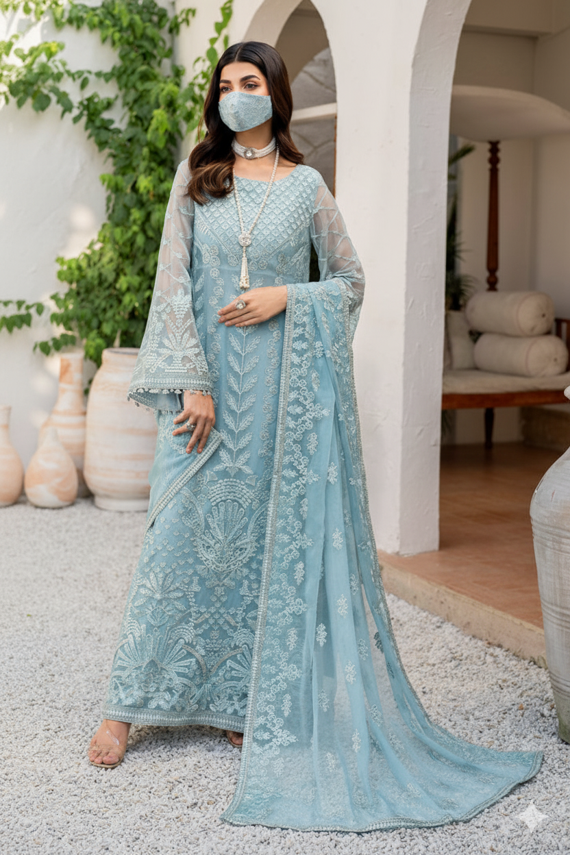Brand: FLOSSIE Cationic Chiffon & Boski Malai  Luxury Unstitched 3-Piece Suit FBL