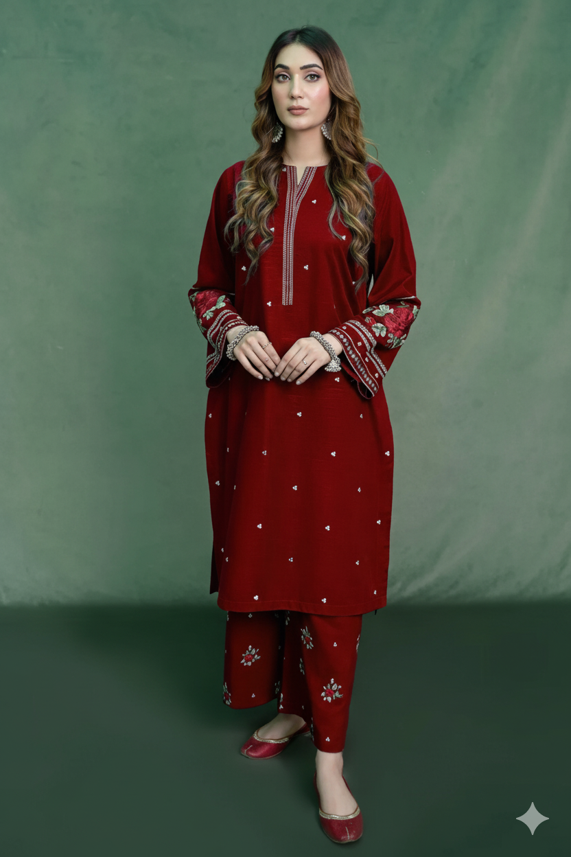 Dhanak Embroidered 2-Piece Unstitched Suit – Maroon