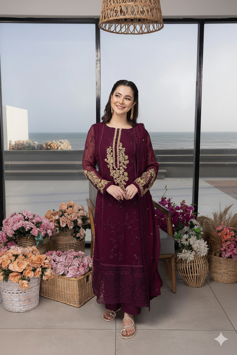 Azure Luxury Chiffon Embroidered Collection- 3-Piece Unstitched Suit MR