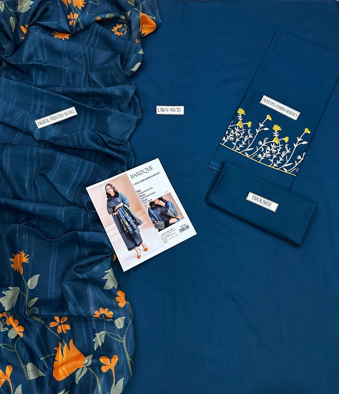 Embroidered Lawn 3-Piece Suit – Blue