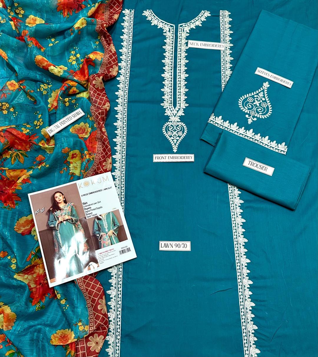 Embroidered Lawn 3-Piece Suit – Blue