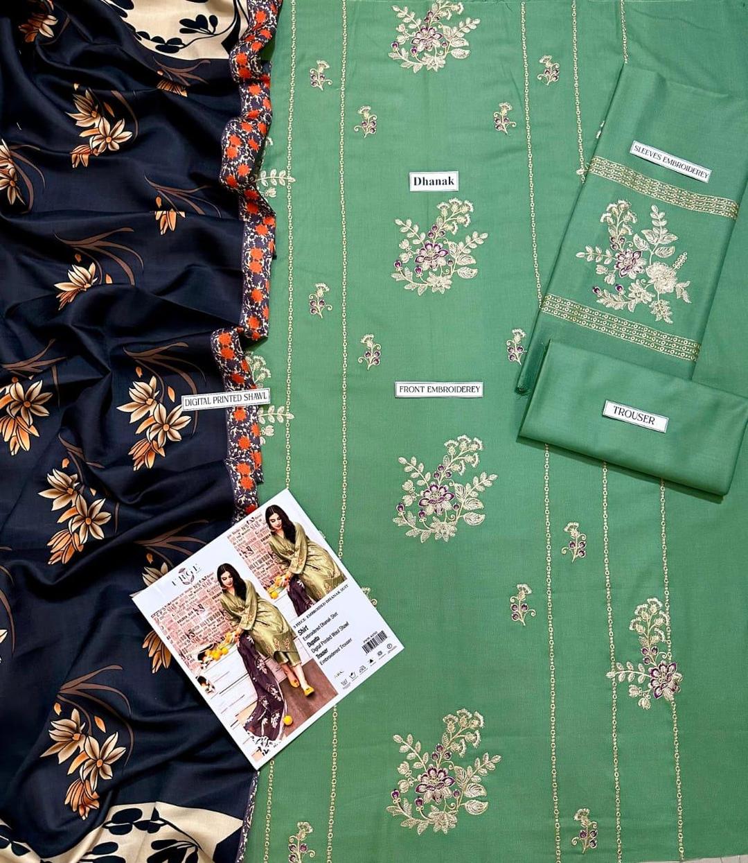 Embroidered Dhanak 3- Unstitched Piece Suit – Green