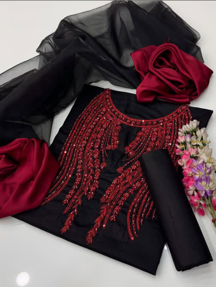 Party Wear Organza Handworked Embroidered Unstitched 3PC Suit MR