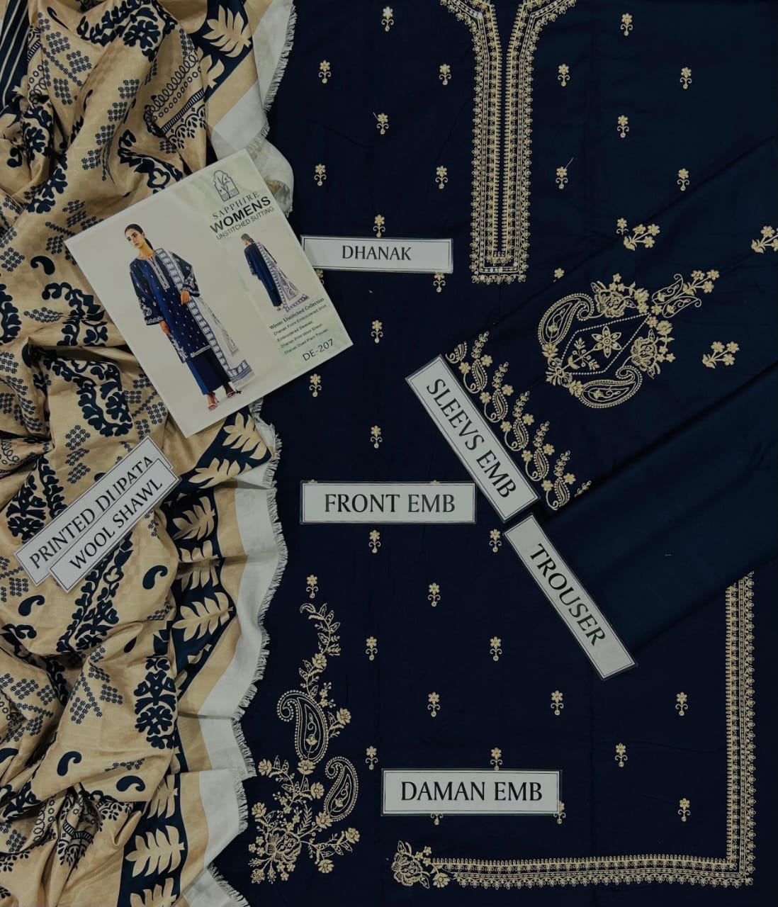 New Arrival – Premium Air-Jet Dhanak 3PC Embroidered Suit FBL