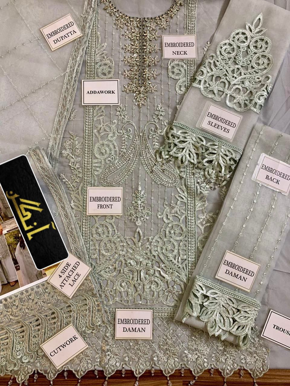 MARYAM’S Organza Embroidered Hand-Embellished Luxury Unstitched 3-Piece Suit MR