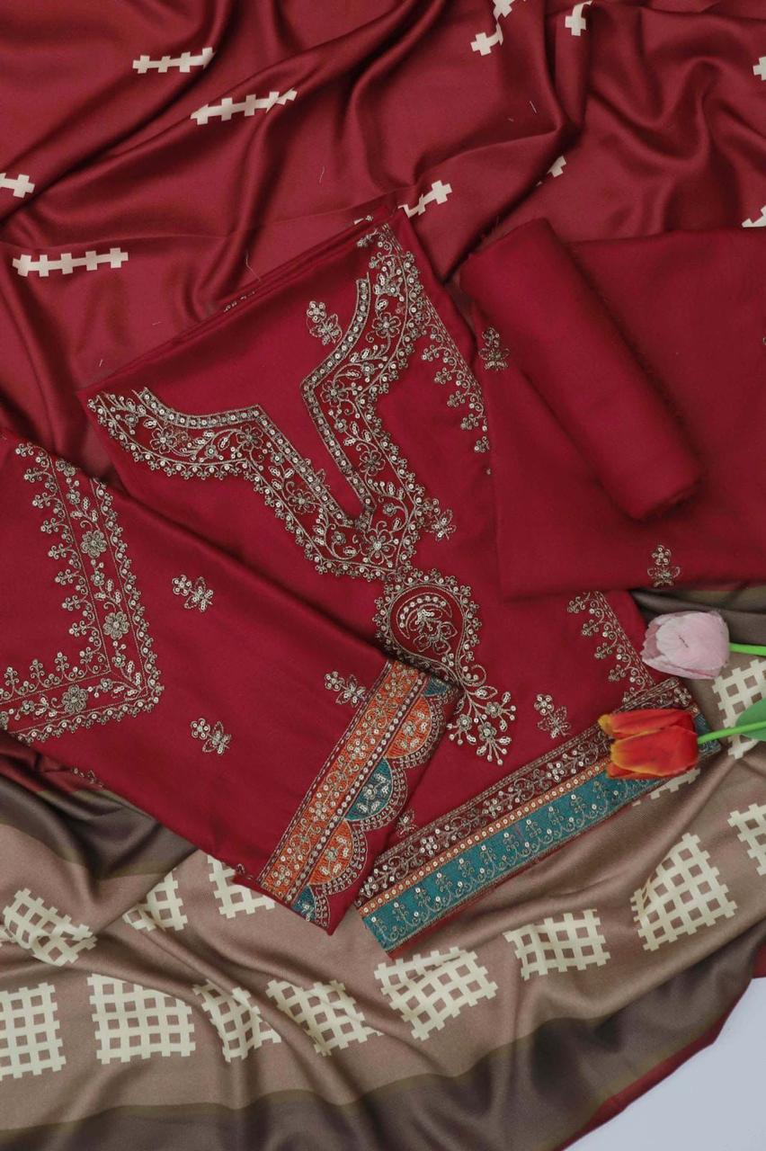 Maria B 3PC Winter 2025 Collection – Premium Dhanak Fabric  Embroidered Suit  AB