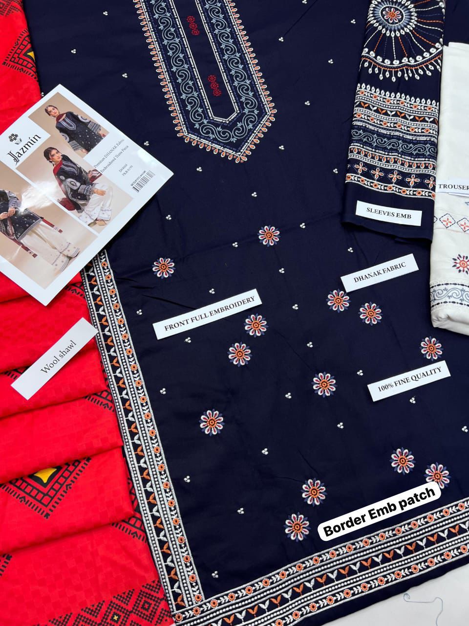 Jazmine -3-Piece Unstitched Premium Dhanak Fabric | Heavy Embroidered Suit AB