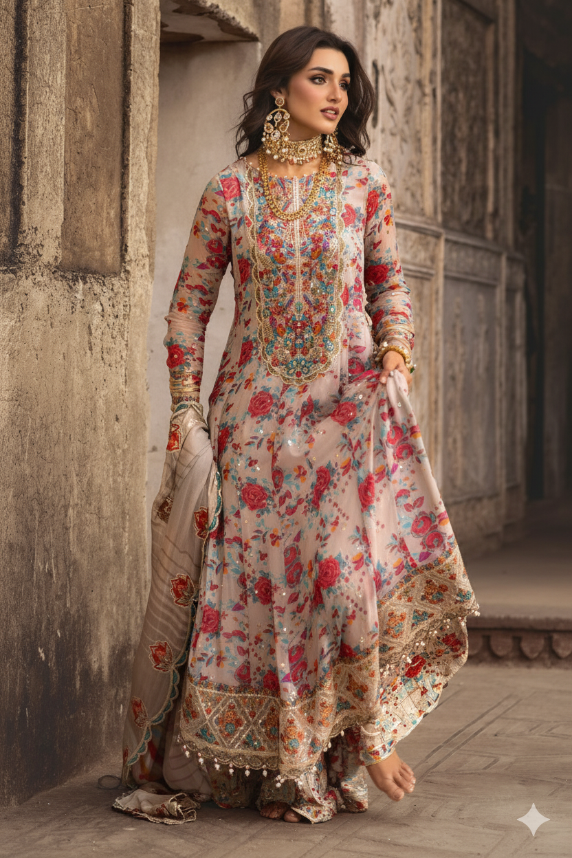 ✨  Charizma Unstitched Replica ✨  Luxury Chiffon Embroidered 3PC Suit FBL