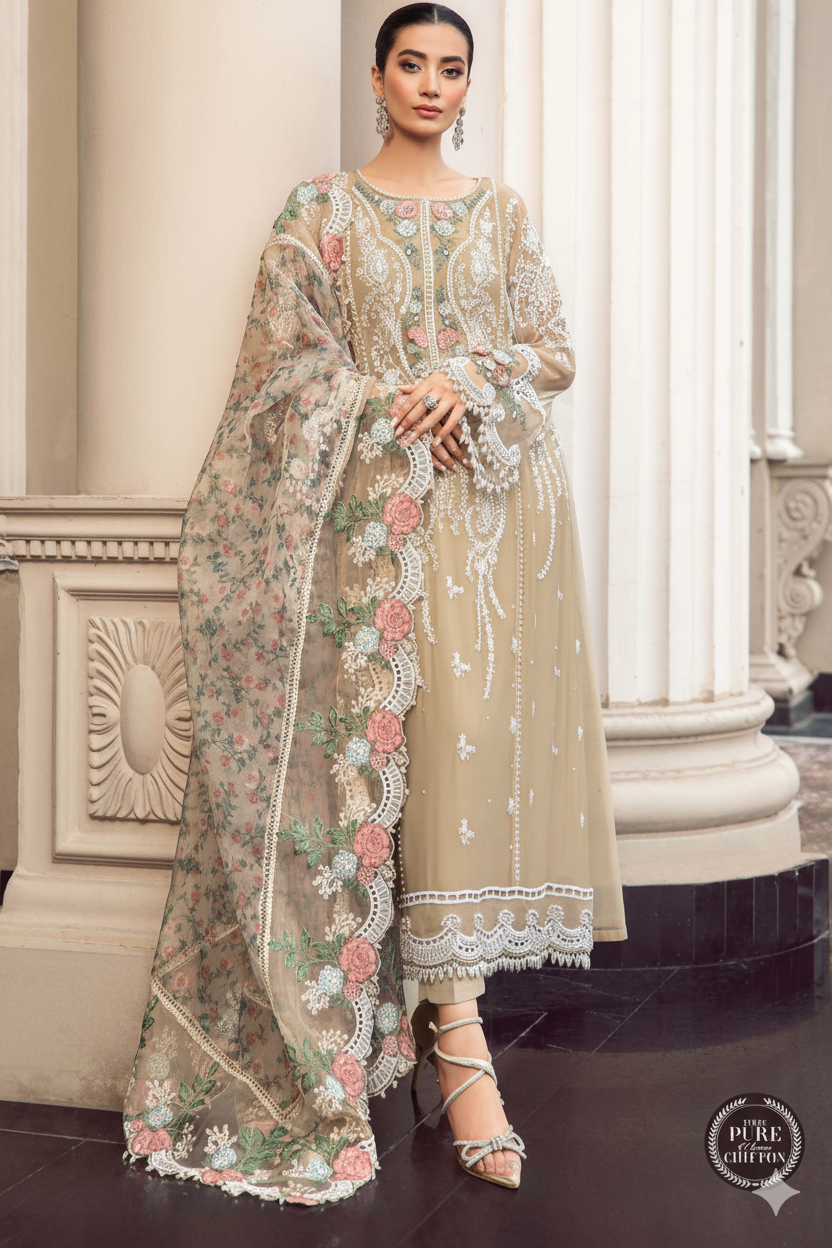 MARIA.B Chiffon Embroidered &amp; Hand-Embellished Luxury Unstitched 3-Piece MR