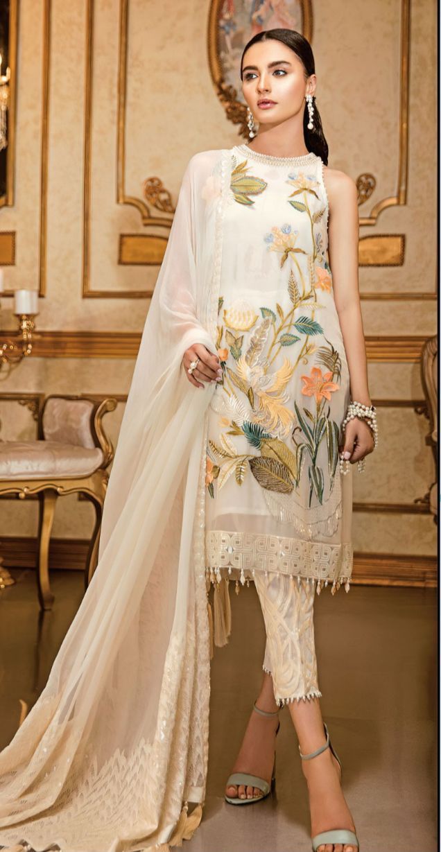 3-Piece Dhanak suit with chiffon embroidered AB
