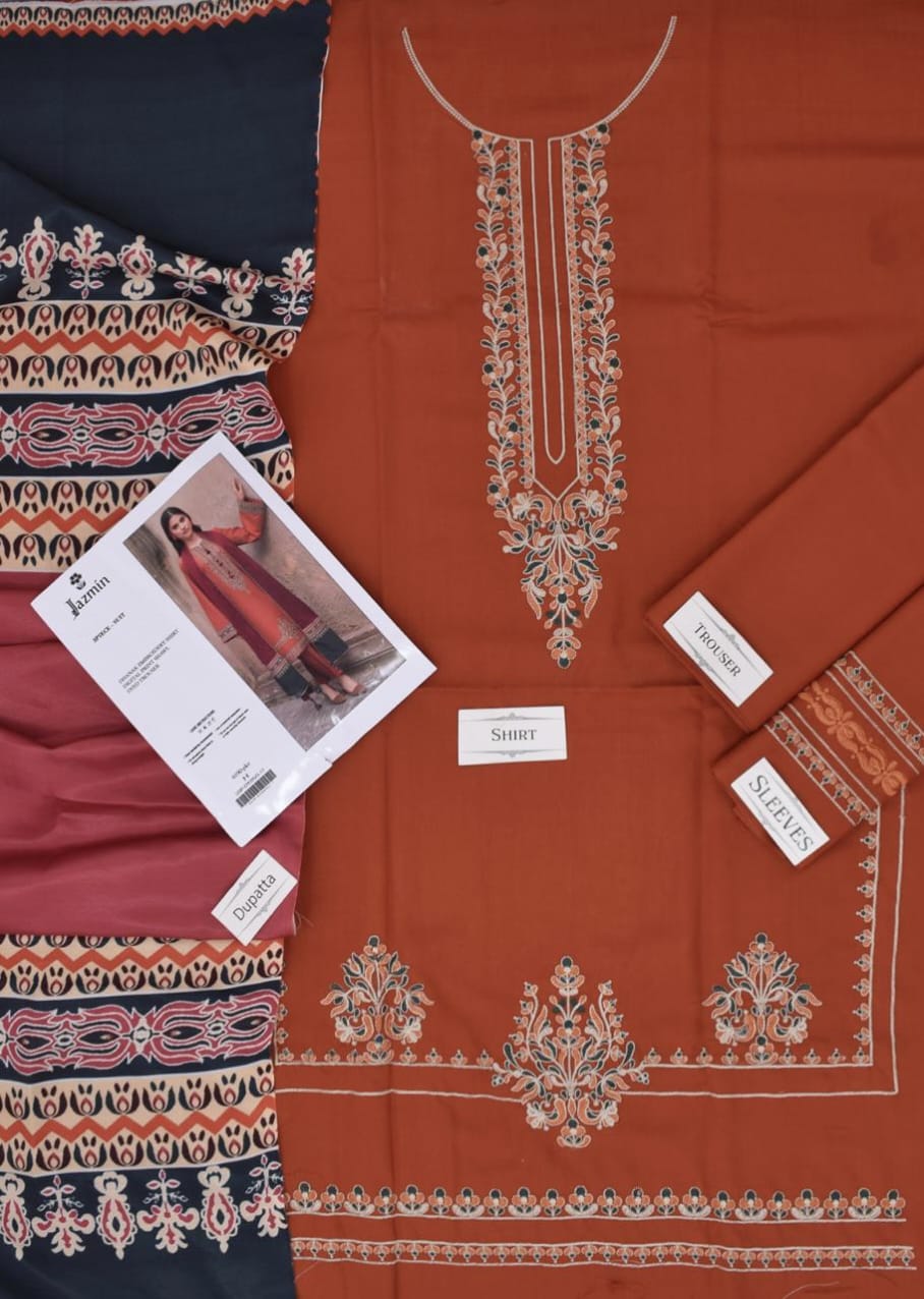 ❄ JAZMIN – DHANAK EMBROIDERED COLLECTION ❄  03 PCS UNSTITCHED SUIT MR